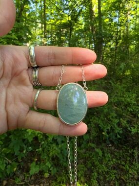 Handcrafted Silver Aquamarine Oval Pendant Necklace - Blue-Green